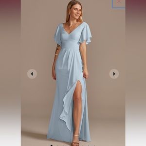 Flutter sleeve bridesmaid dress with cascade, size 30, dusty blue!